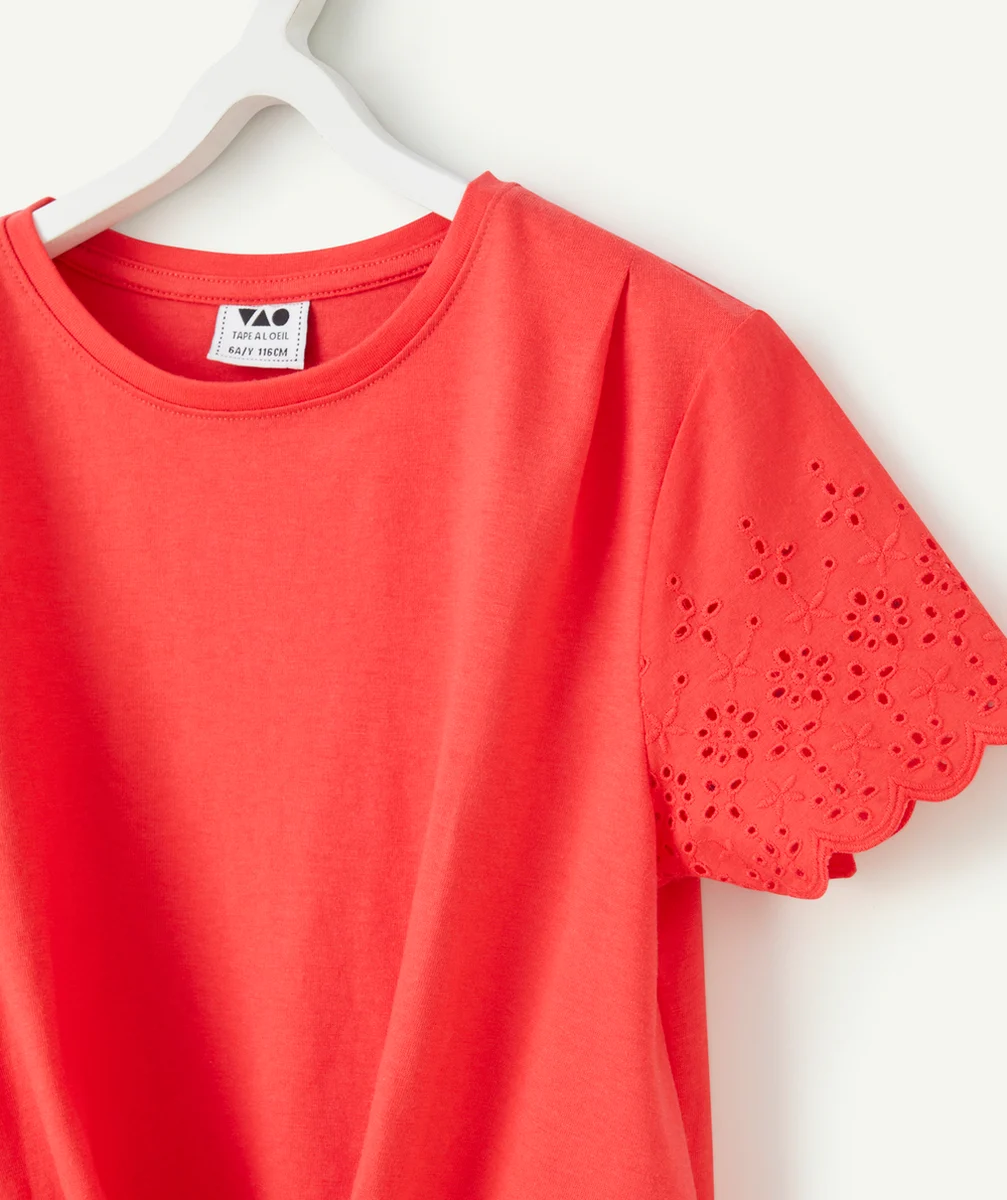 T-SHIRT FILLE EN COTON BIO ROUGE AVEC MANCHES BRODÉES