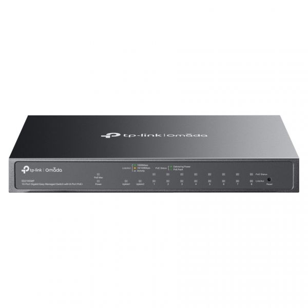 Switch gerenciável Gigabit TP-Link de 10 portas com 8 PoE , 123 W, SFP na nuvem, sem ventoinha