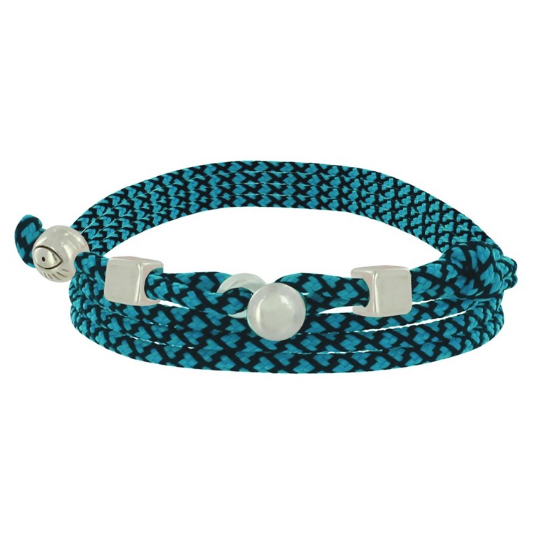 Bracelet Homme Métal Argenté Cubes Fermoir Bouton et Lien en Paracorde - Turquoise