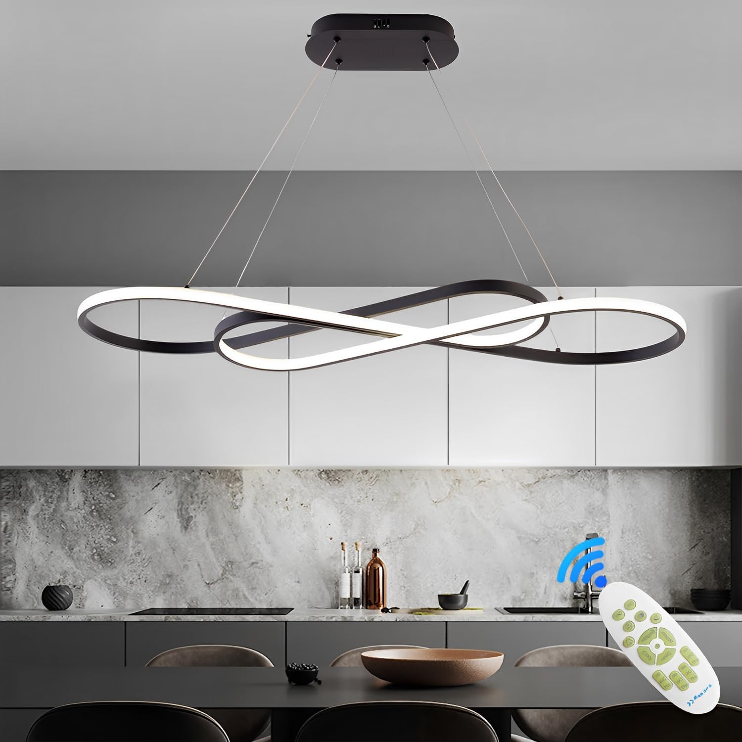 57W Dimmbare LED Pendelleuchte, Doppelfigur 8 Design Hängeleuchte mit Fernbedienung, Pendellampe Hängend Höhenverstellbar, Hängelampe für Wohnzimmer, Esstisch, Esszimmer, Küche, Schwarz