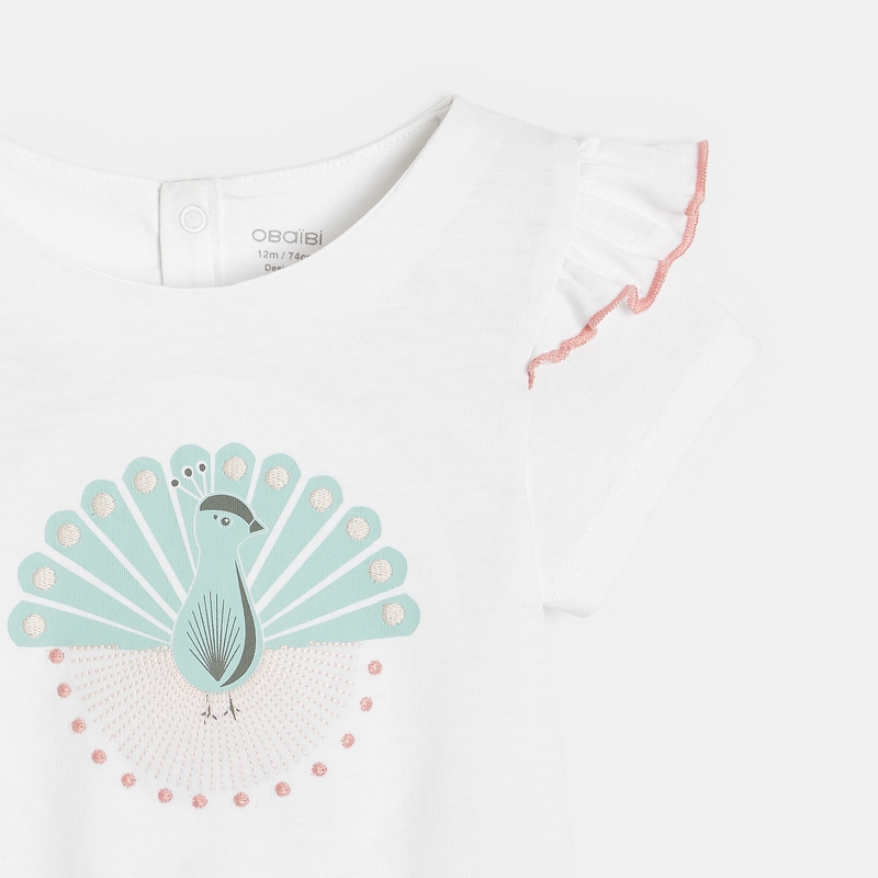 T-shirt volants imprimé paon blanc bébé fille