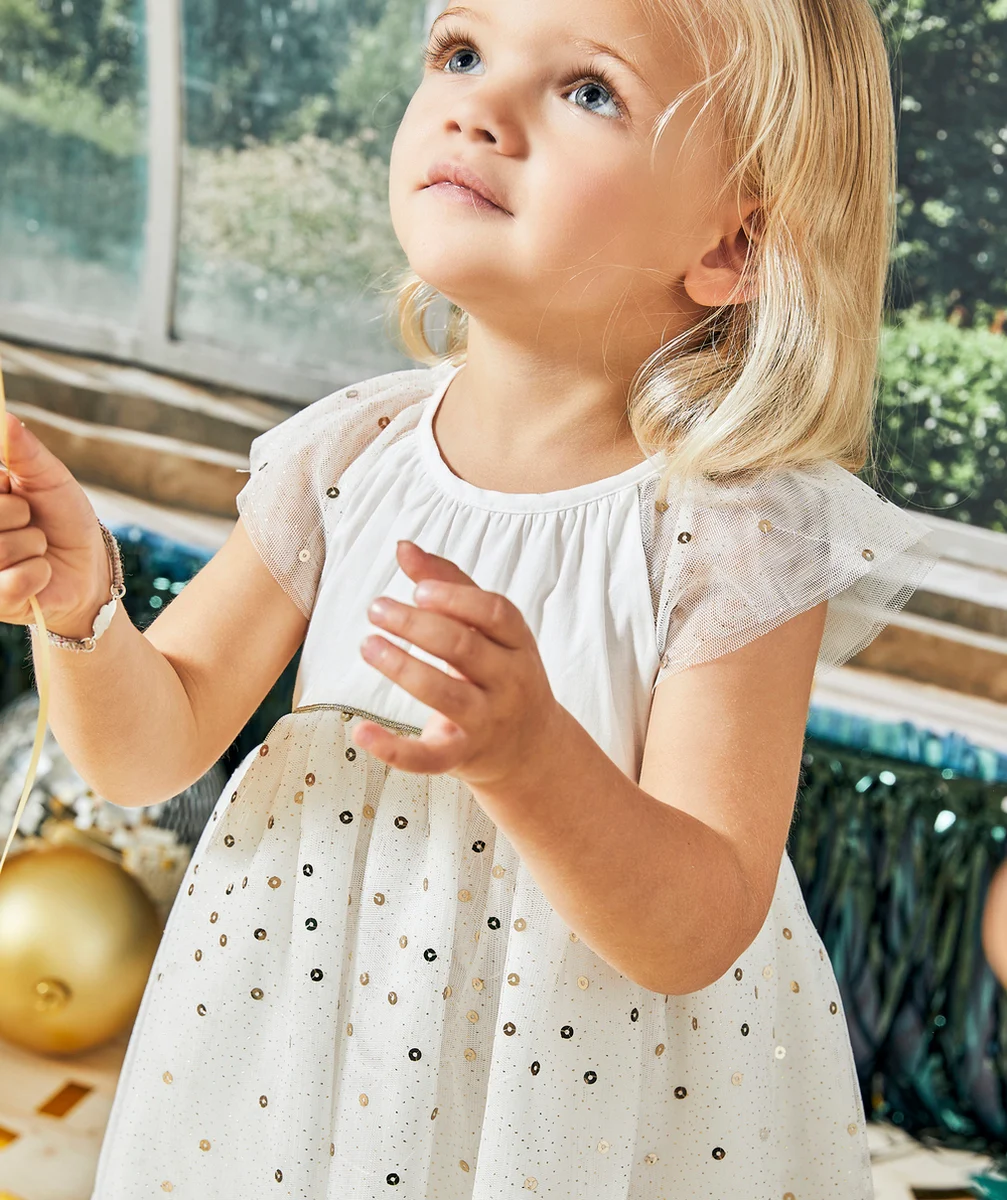 ROBE CRÉATEUR 2023 BÉBÉ FILLE EN TULLE BLANCHE AVEC SEQUINS COULEUR DORÉE