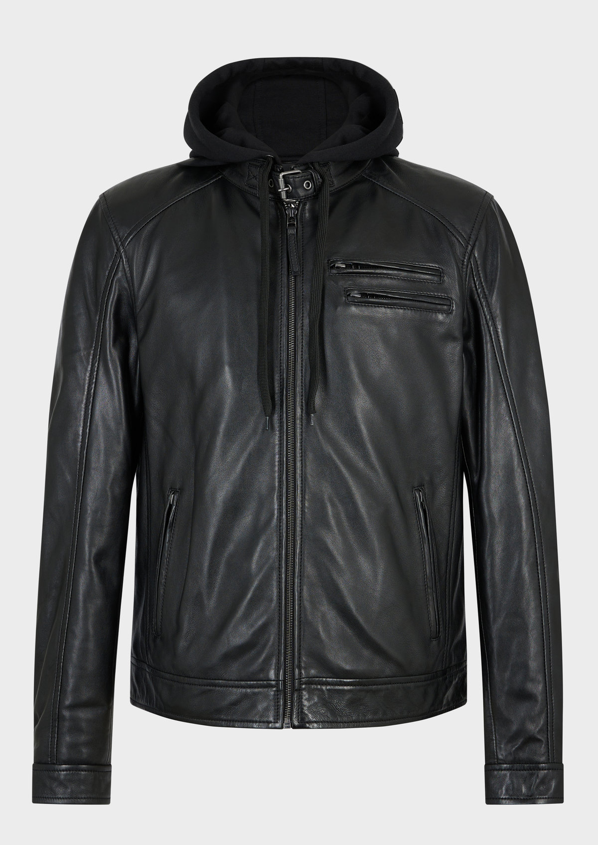Blouson en cuir uni noir à capuche amovible