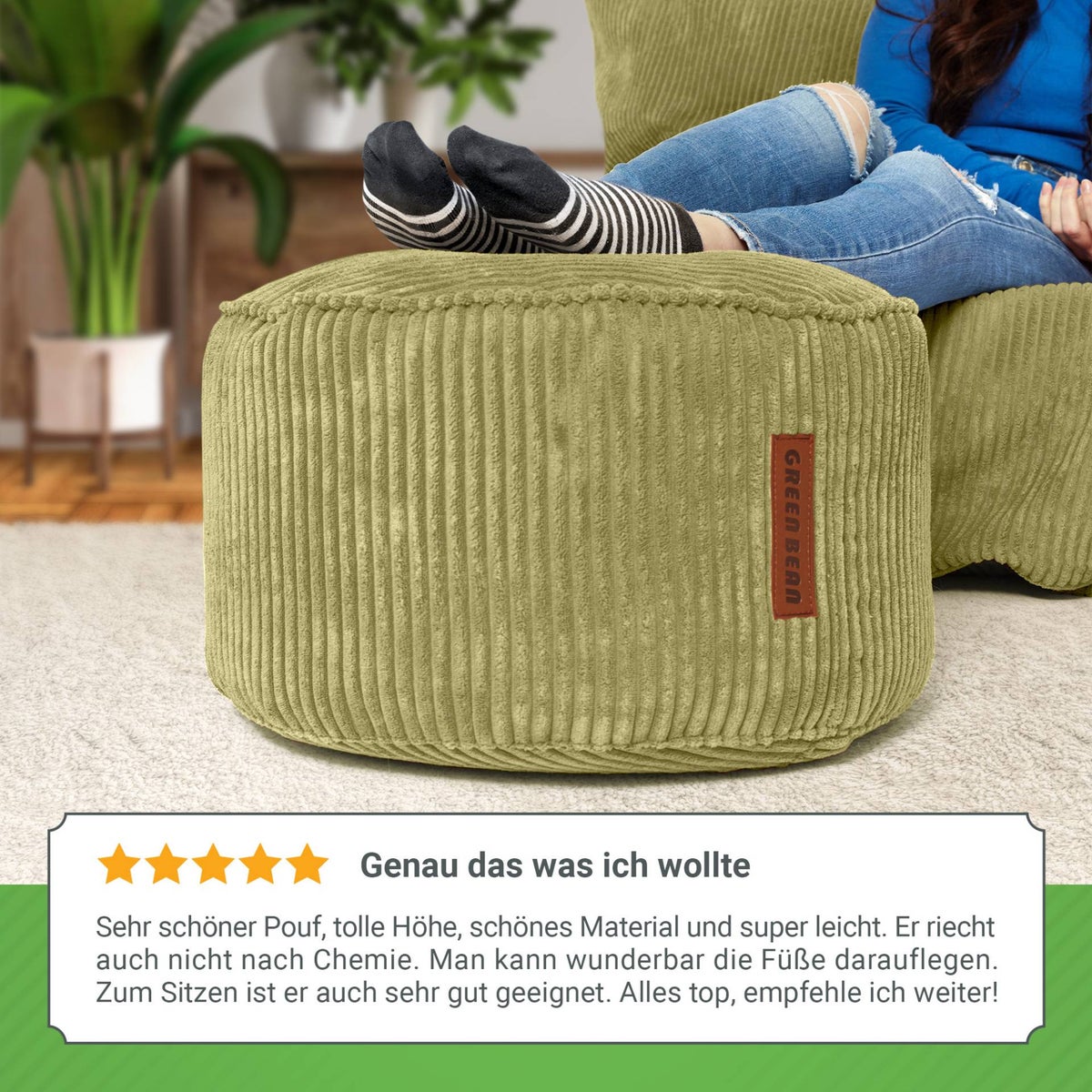 Groene bonen poef kussen 45x25cm met EPS kralen vulling & corduroy stof vloerkussen ligstoel kussen zitkussen poef fauteuil kinderen volwassenen stoffen kruk opbergruimte groen