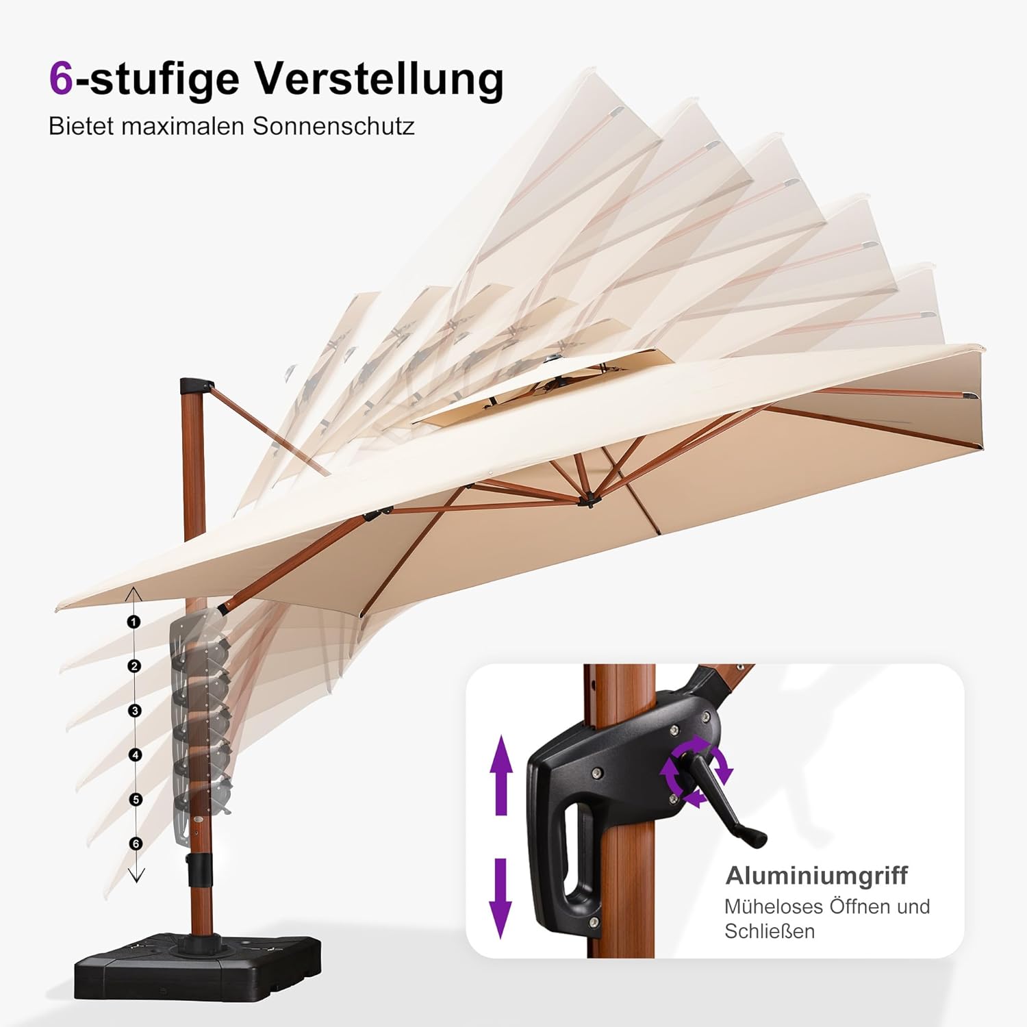 PURPLE LEAF Alu Holzoptik Ampelschirm Rechteckig 270 x 365 cm Rechteckig Sonnenschirm Groß 360°Drehbar Gartenschirm mit Kurbel, Beige