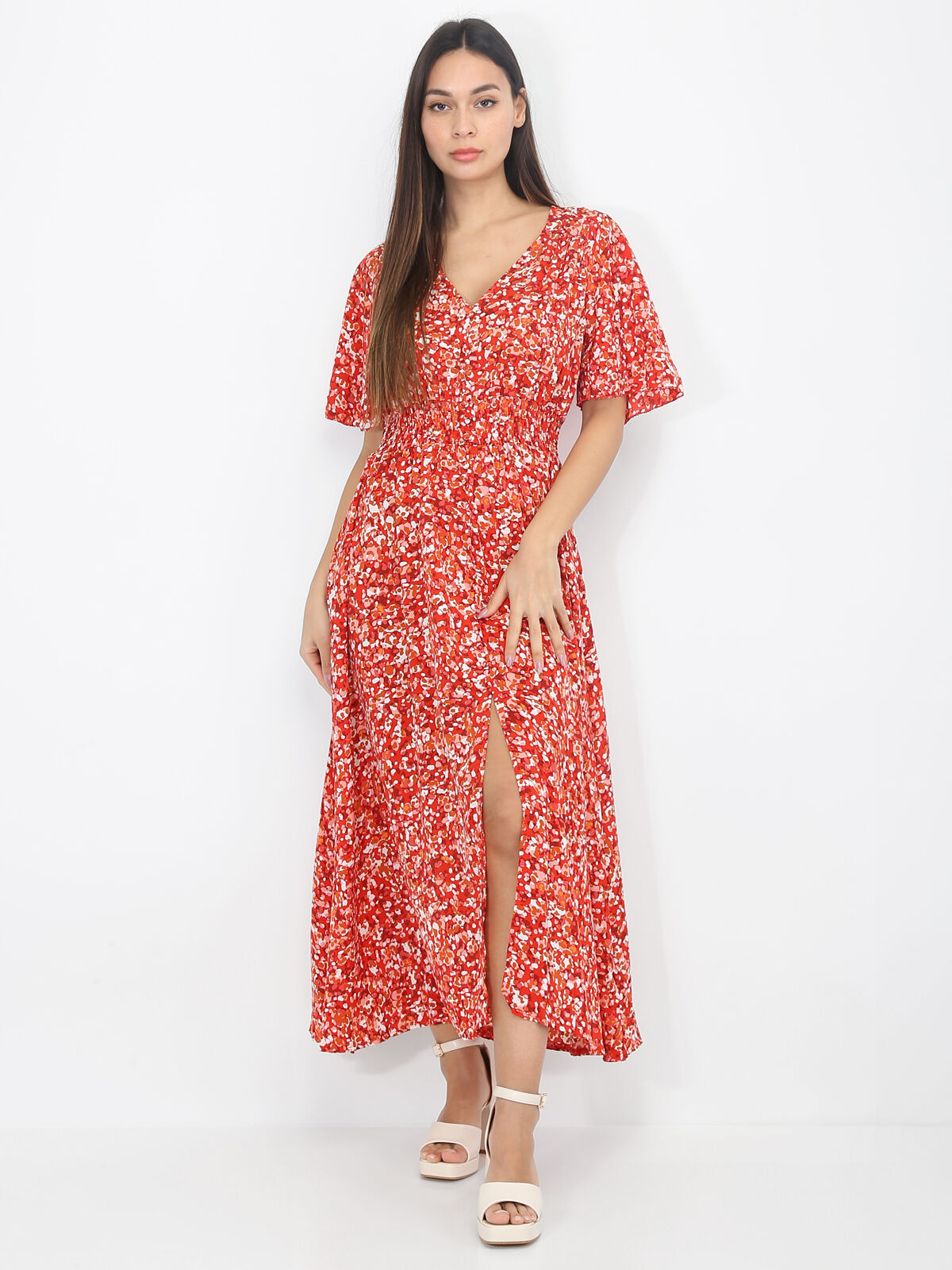 Robe longue à motif tacheté- Rouge