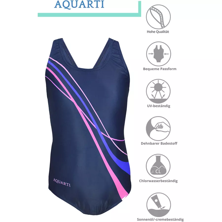 Aquarti Mädchen Badeanzug Chlorresistent Muscleback Wassersport dunkelblaurosa