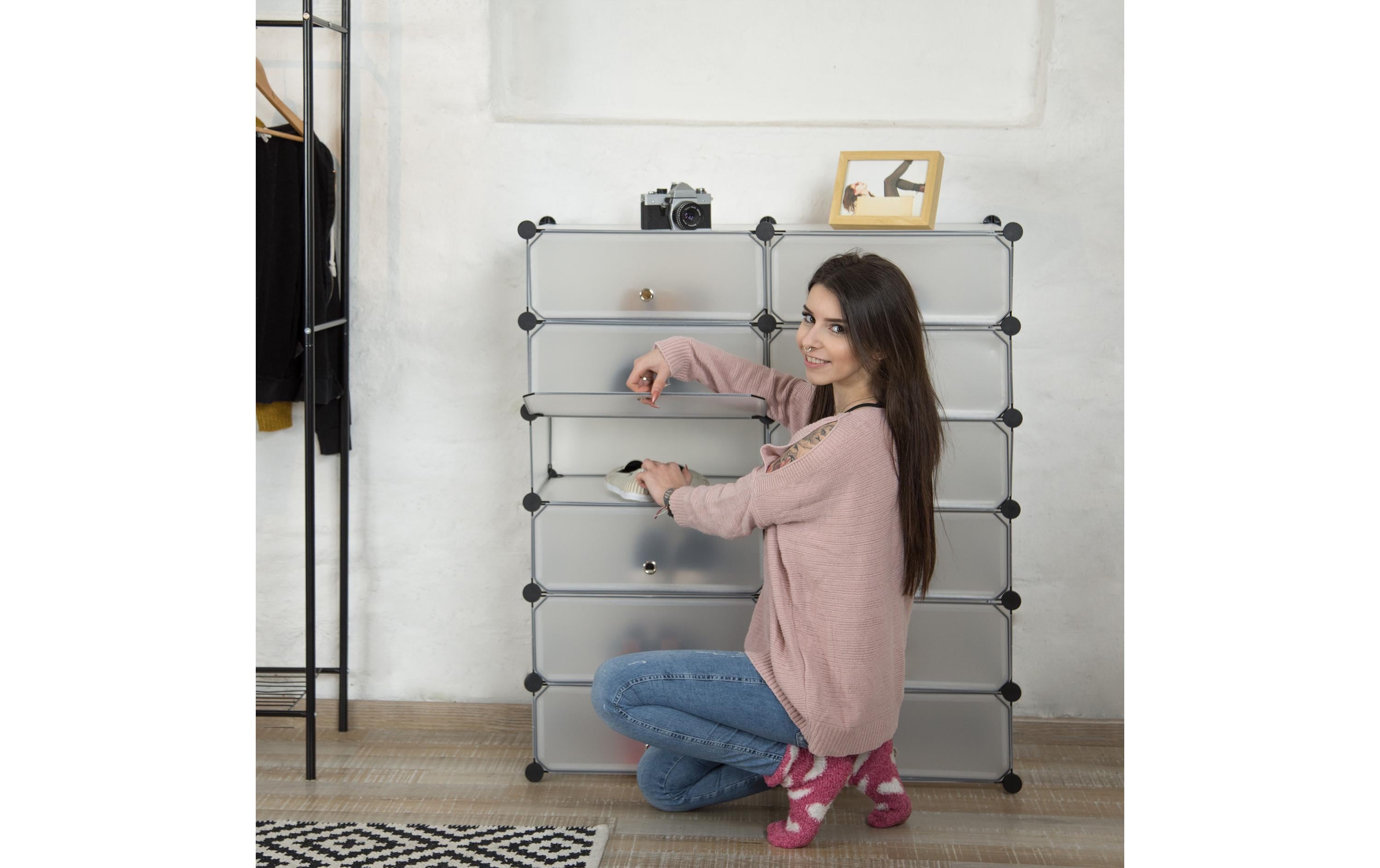 Schuhschrank mit 12 Fächern Silber/Transparent/WeissSchuhschrank zum Zusammenstecken