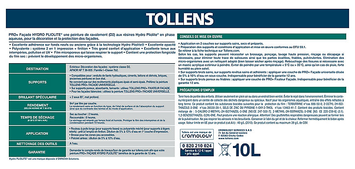 Peinture extérieure façade Hydro Pliolite Tollens pro + ton pierre blanc 10L