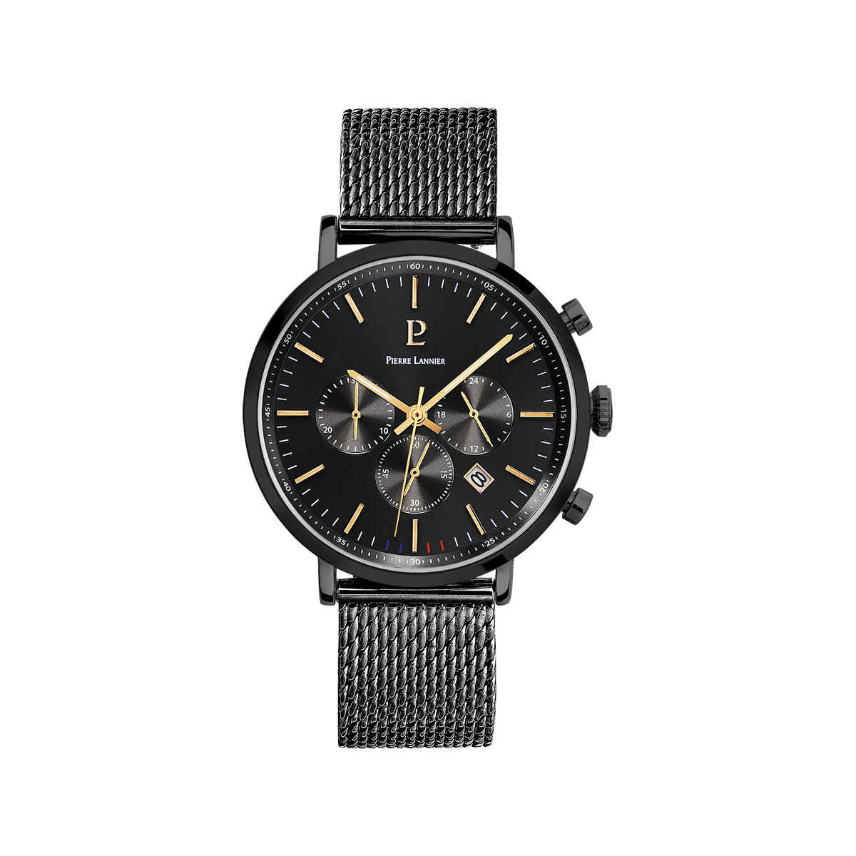 Montre Pierre Lannier homme acier noir bracelet acier noir maille milanaise
