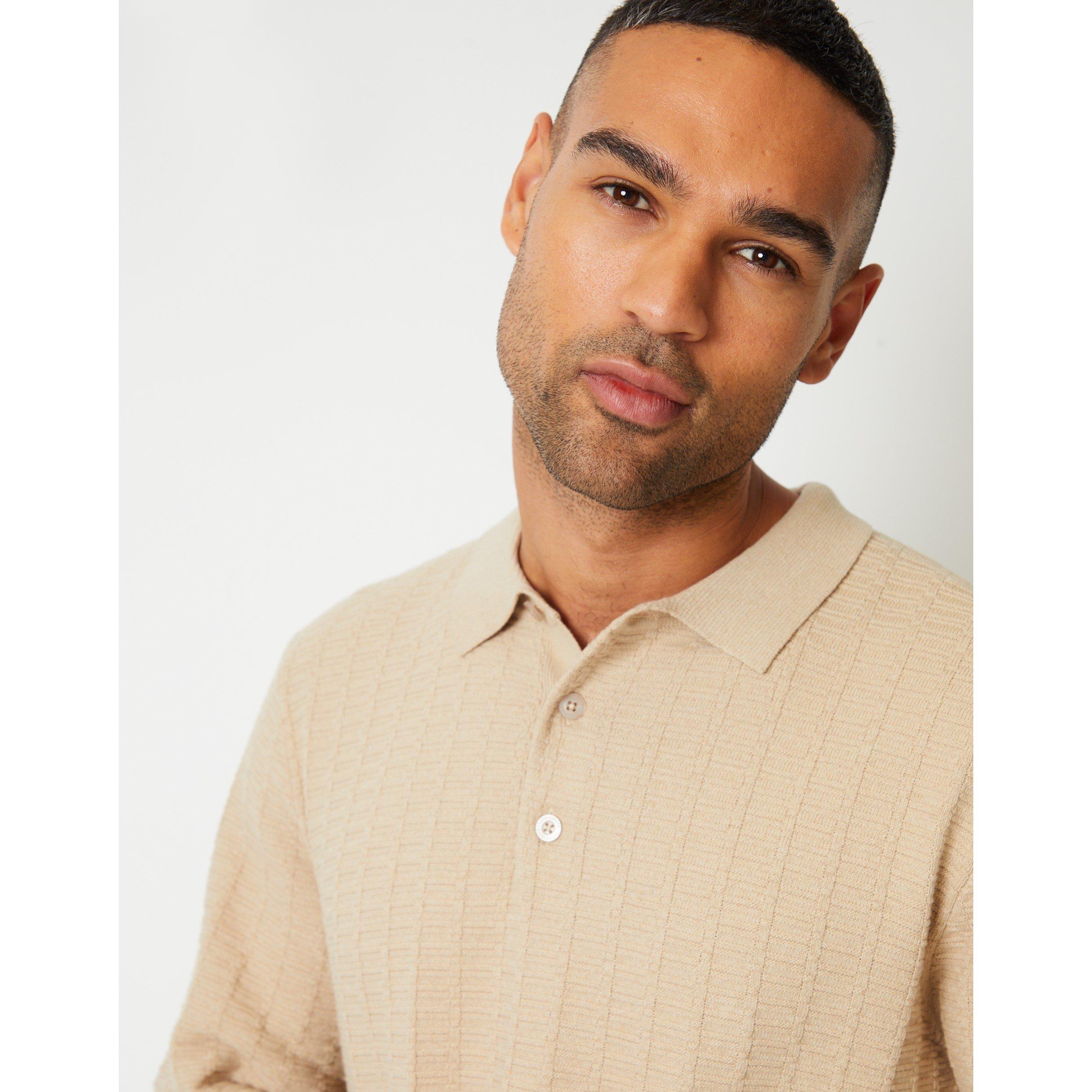 Threadbare TB Long Sleeve Textured Knitted Polo Jumper Mens
