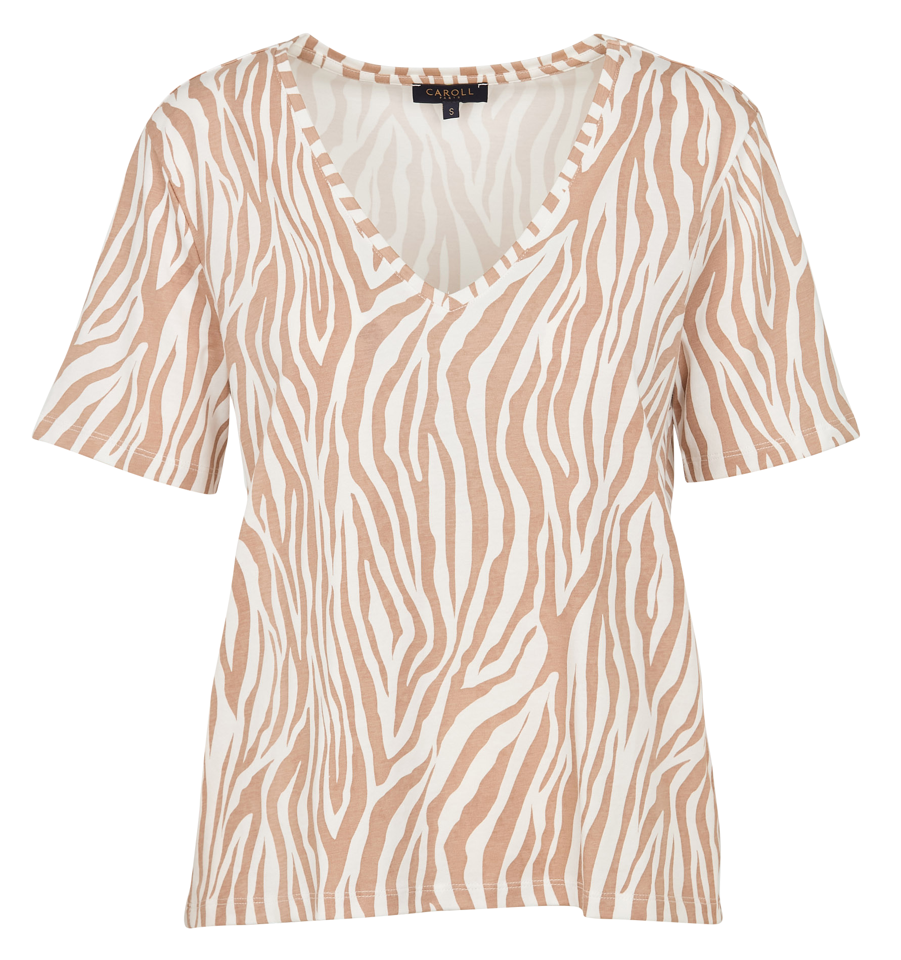 TZEBRA - Tee-shirt droit col V en coton mélangé imprimé | Marron