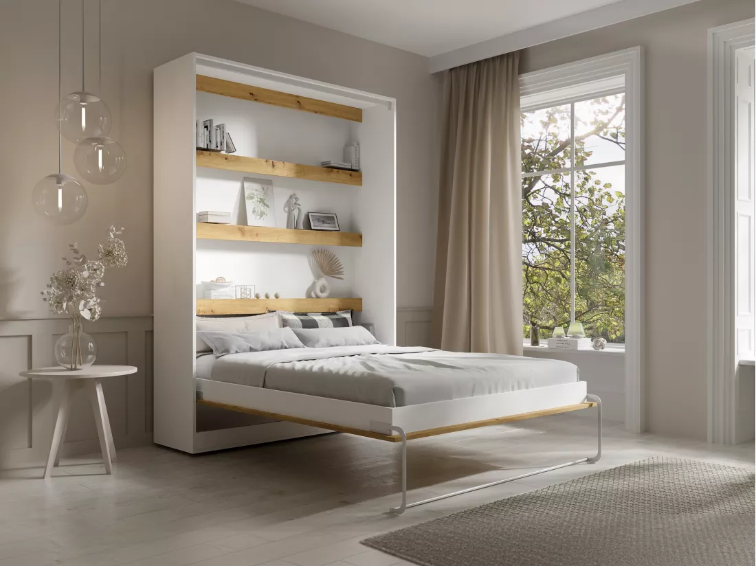 Lit escamotable 140 x 200 cm - Ouverture verticale manuelle - Avec LEDs - Blanc et naturel - RAPILI