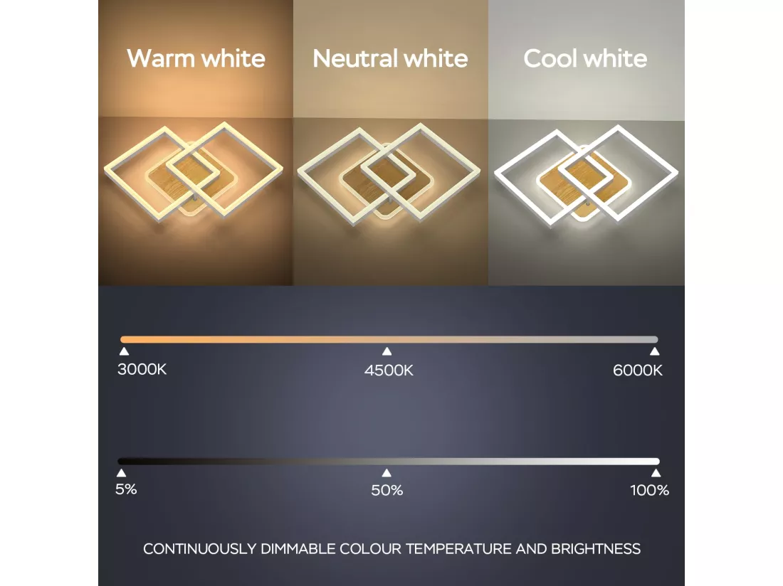 MODLICHT 40W Plafonnier LED Luminaire Salon Dimmable,Éclairage Plafonnier Blanc Chaud à Froid 3000K-6500K,3600LM Chambre,Salle Manger,Couleur Noyer