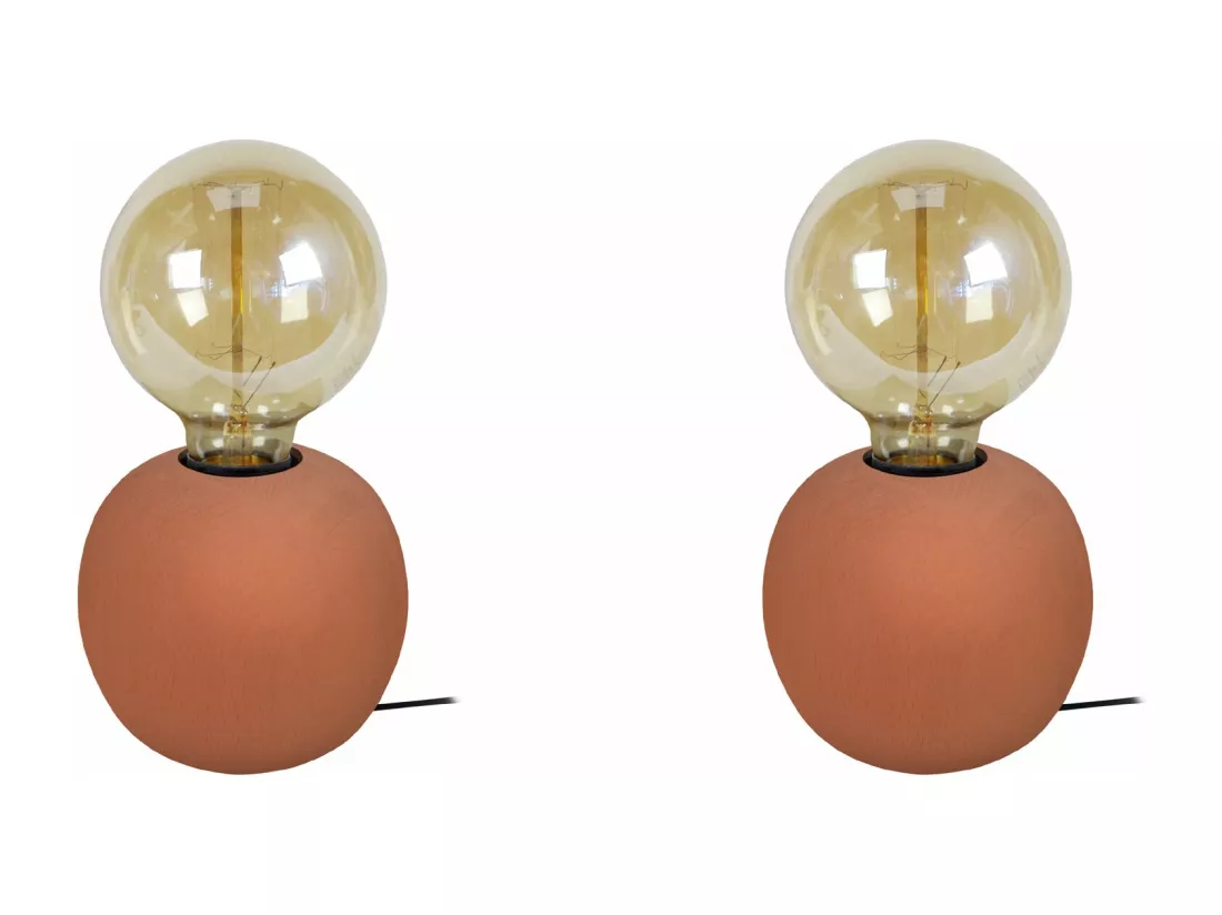 Pair de Lampes de chevet globe bois marron 21 cm.