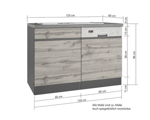 Held Furniture wastafelkast inclusief spoelbak PISA BxDxH 120x60x86 cm grijs mat gedemonteerd scharnier omkeerbaar (links of rechts te monteren)