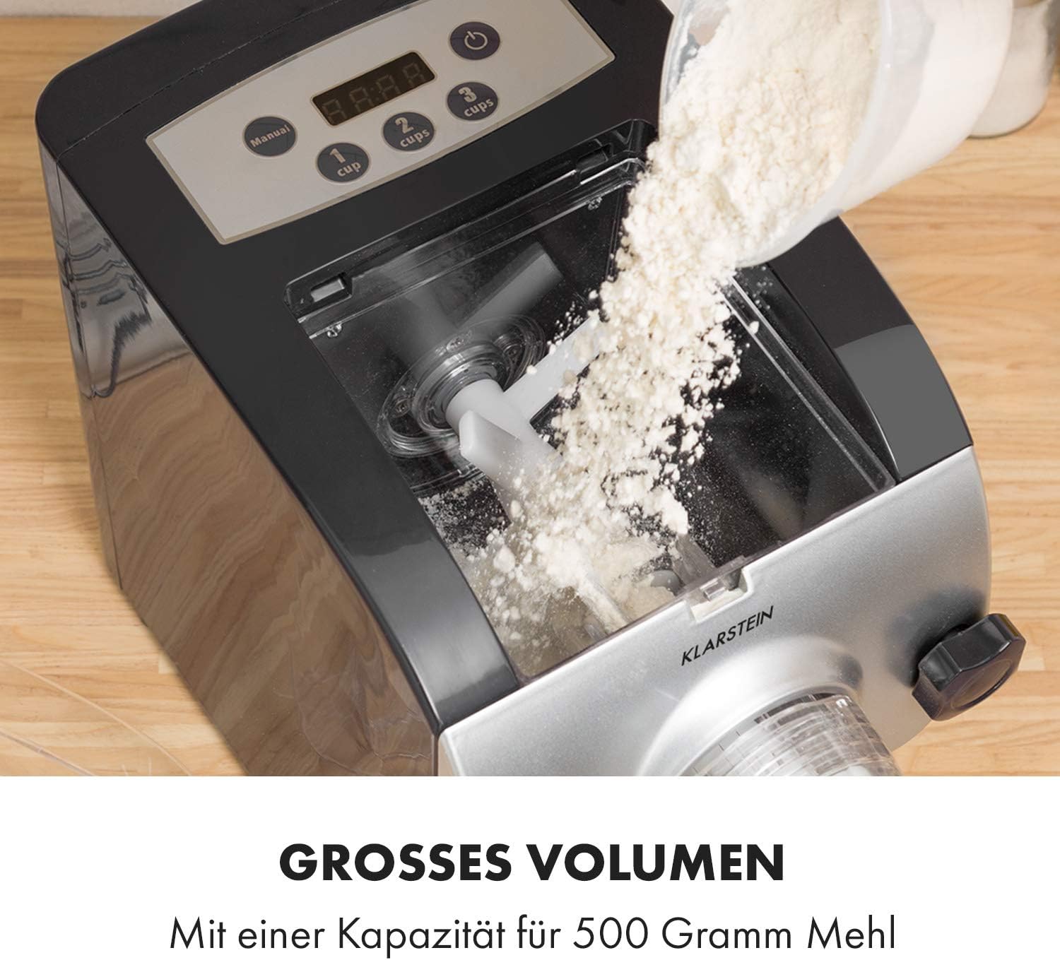 Klarstein Pastamania Elektrische Nudelmaschine – 260W Automatische Pastamaschine mit 7 Aufsätzen, 500g Kapazität, Leise 60dB, LED-Display, 3-Minuten Knetvorgang, Inkl. Teigausstecher und Ravioli-Form