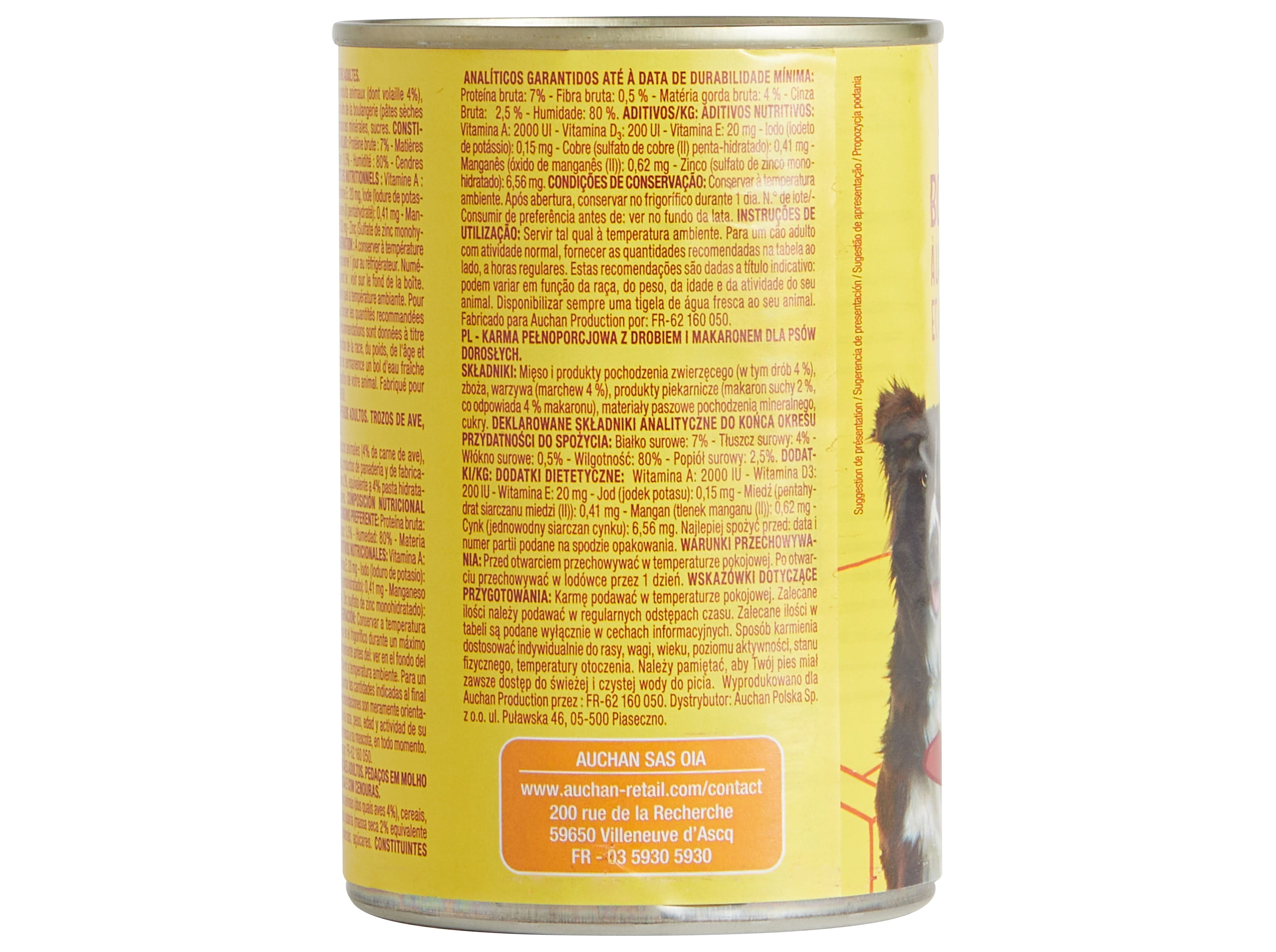 COMIDA HÚMIDA PARA CÃO AUCHAN PEDAÇOS EM MOLHO VACA E COM MASSA 400G