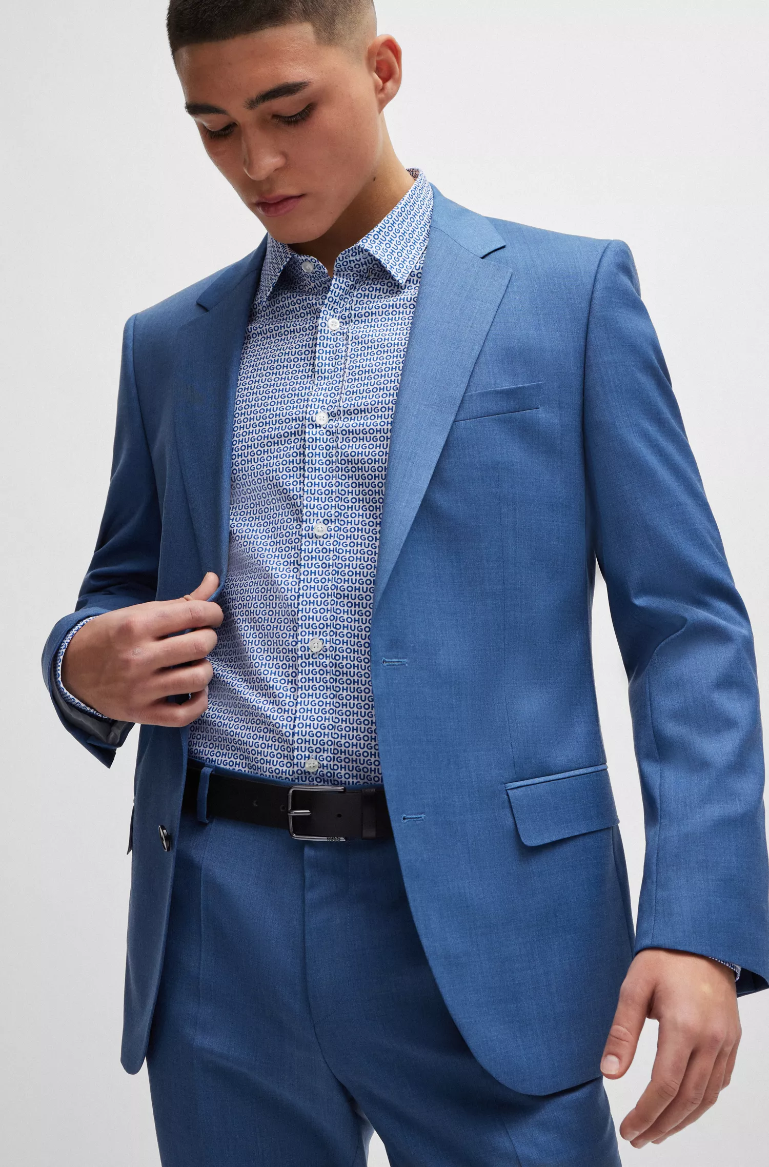 Camisa HUGO vermelha, extra slim fit, em popeline de algodão estampado.