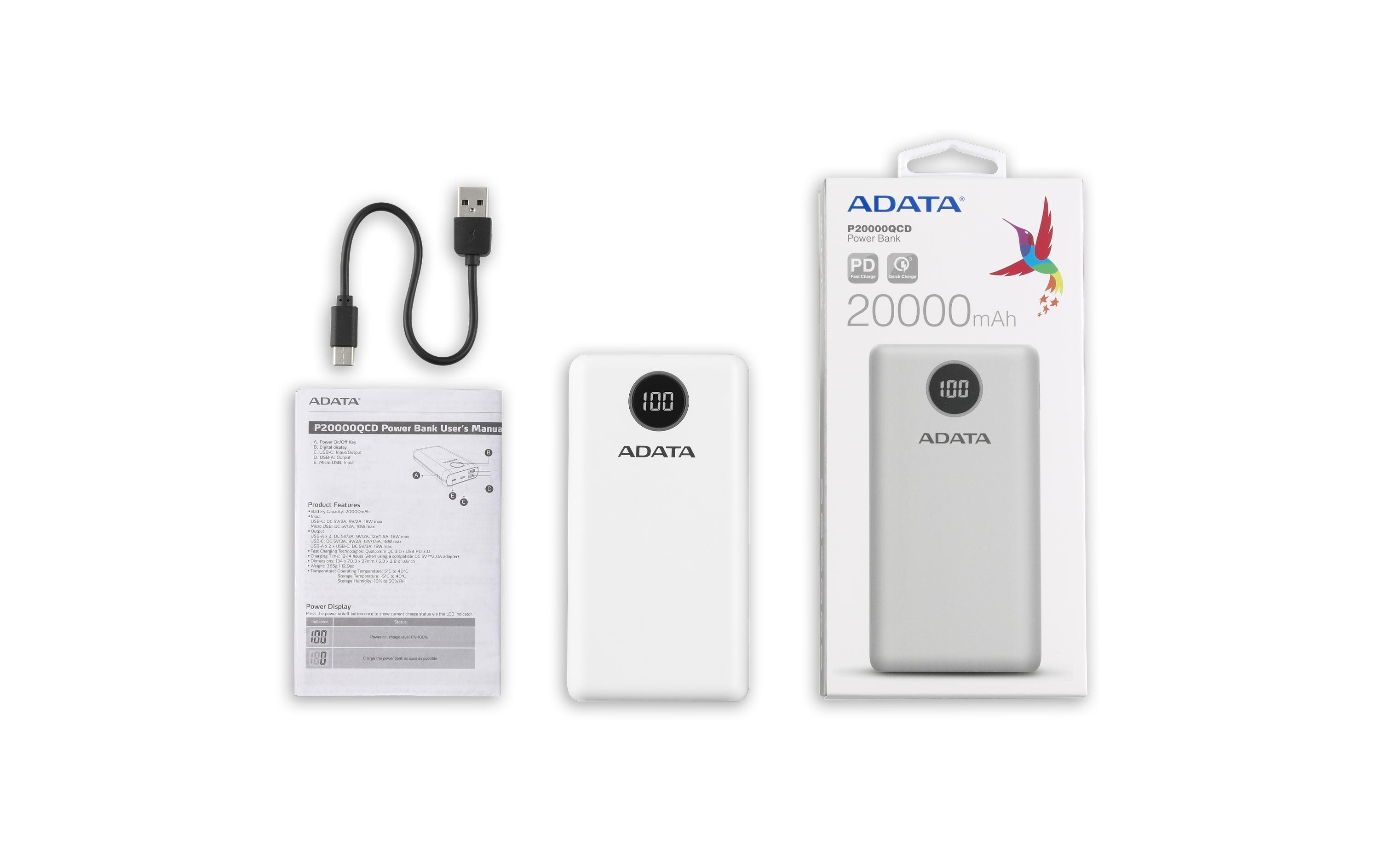 Powerbank P20000QCD (20000 mAh, USB-A, USB-C, Display)Powerbank mit hoher Kapazität, modernen Schnellladeanschlüssen und Digital-Display