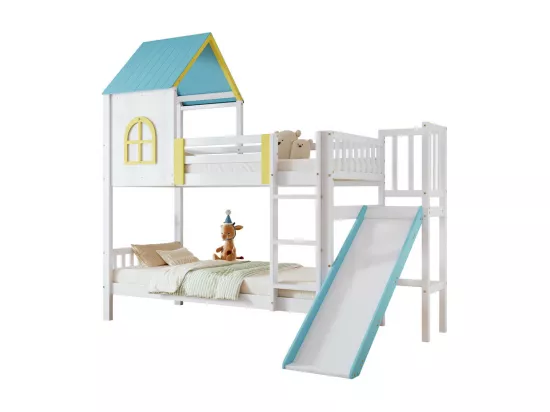 Lits superposés cabane 2 x 90 x 190 cm - avec toit et fenêtre, grille, escalier, toboggan - Pin et MDF - Blanc + Bleu