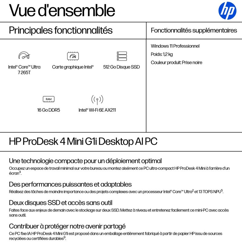 HP ProDesk 4 Mini G1i Intel Core Ultra 7 265T 16 Go DDR5-SDRAM 512 Go SSD Windows 11 Pro Mini PC AI PC Noir