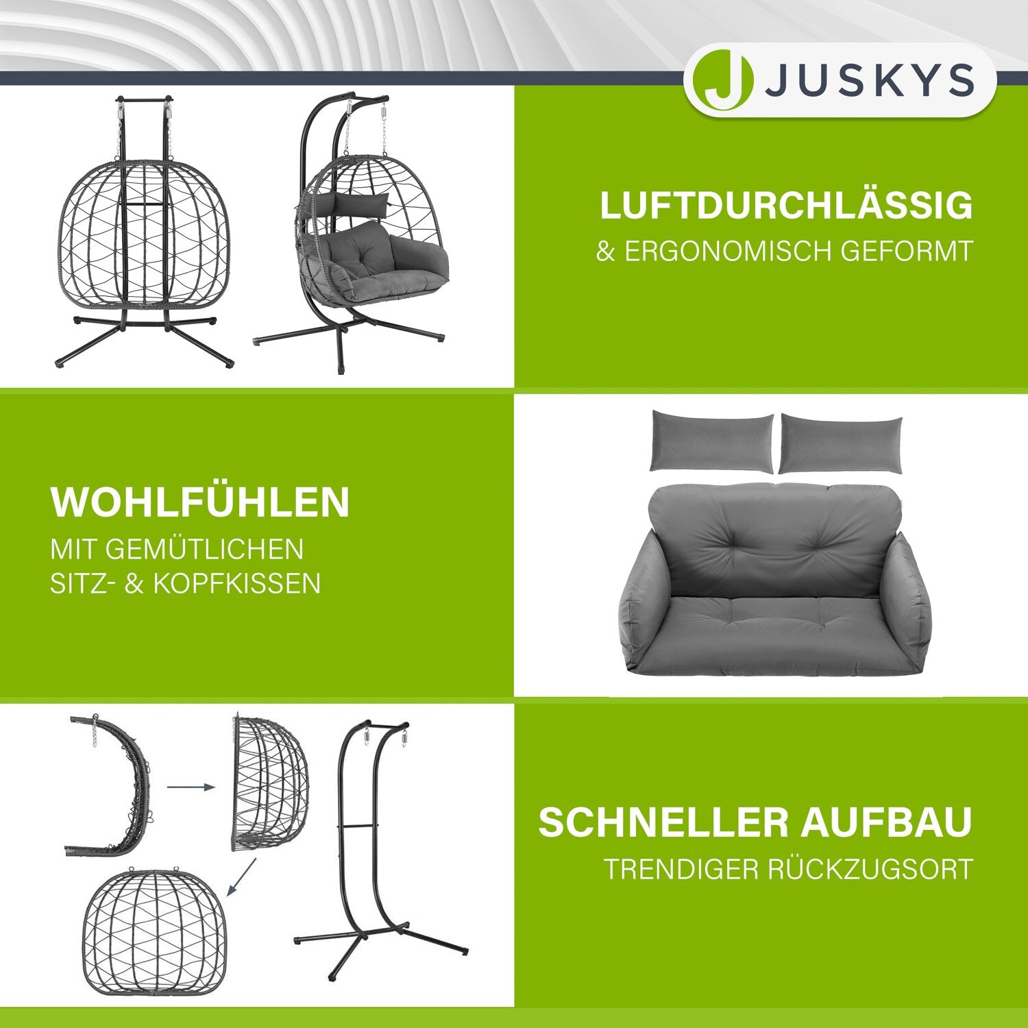 Juskys Doppelhängesessel Aria - Polyrattan Hängesessel mit Gestell & Kissen - 2 Personen - Grau