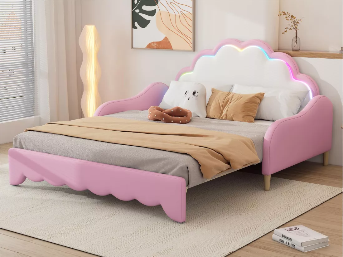 Lit enfant tirable en similicuir - 140x200cm - avec LED et télécommande - Rose (matelas non inclus)