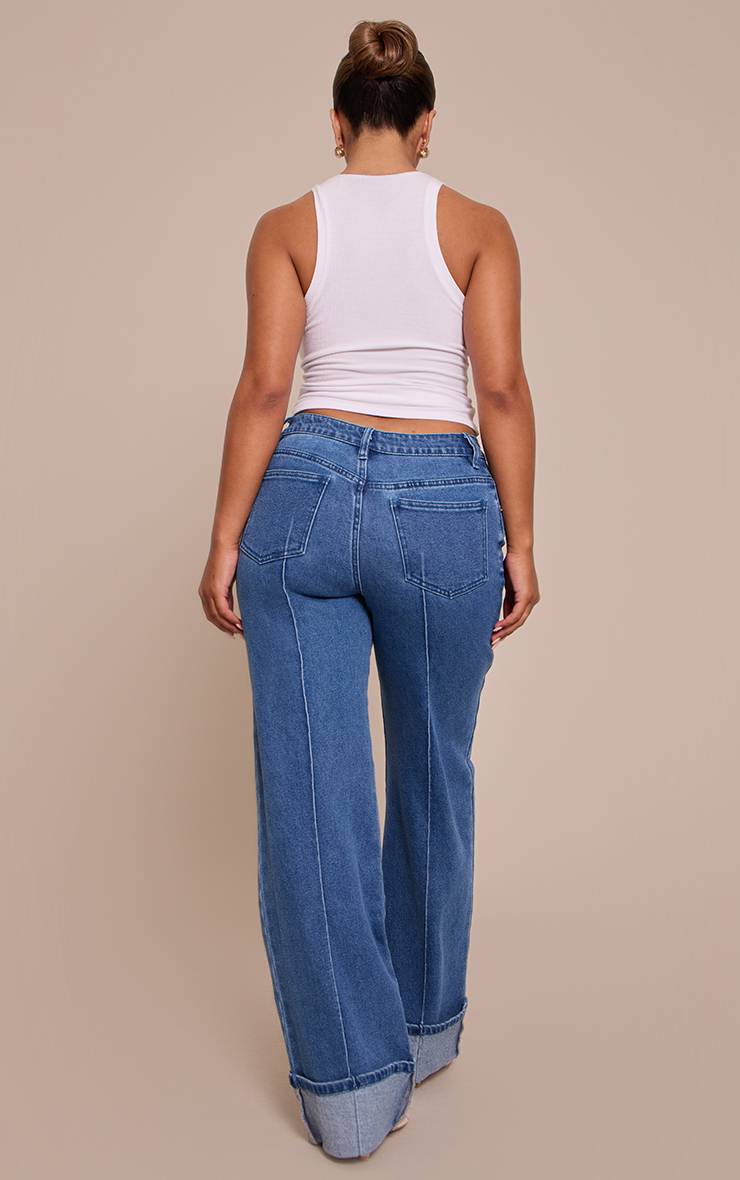 Bleu Foncé Jean Large Taille Haute En Denim Stretch Avec Pinces Et Ourlet Retroussé Shape
