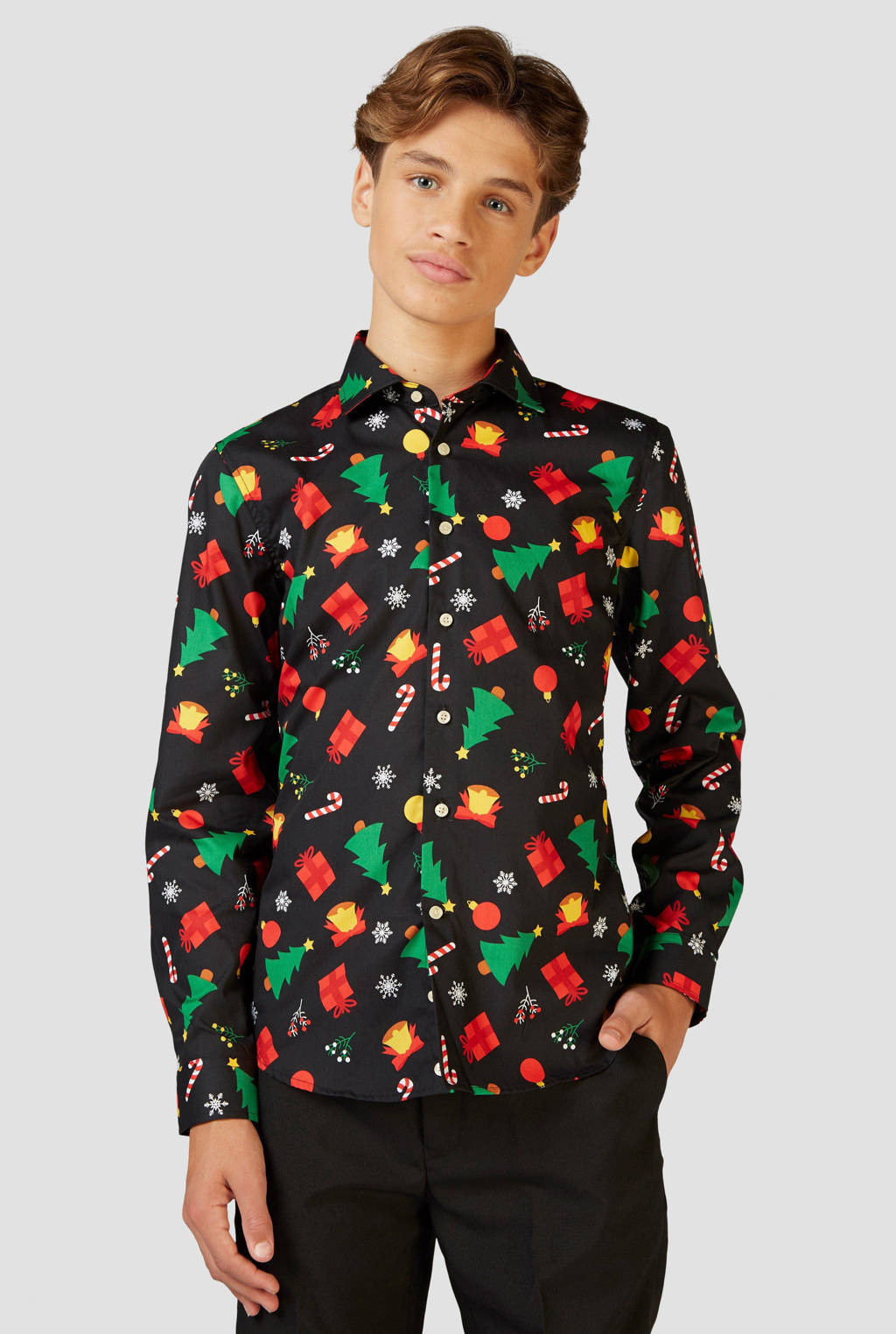 OppoSuits overhemd Christmas Icons met all over print zwart/multicolor