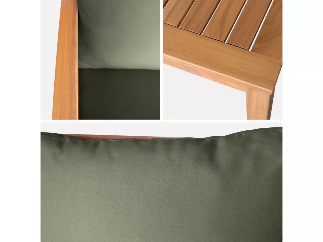 Salon de jardin en bois 4 places Coussins kaki. canapé. fauteuils et table basse en acacia. design