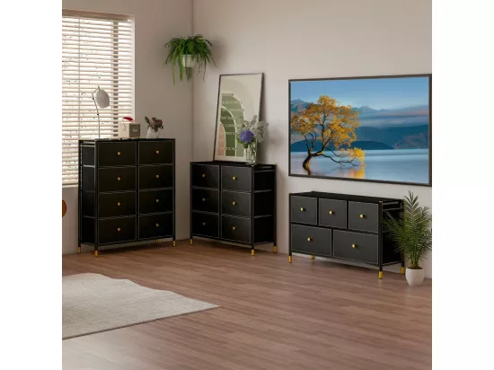 Commode Chambre, Commode Chambre Adulte 8 Tiroirs en Cuir PU et Tissu Pliable, Cadre en Métal, Chiffonnier Moderne avec Poignée Doré, Commode Rangement pour Salon, Entrée, Noir (8 Tiroirs)