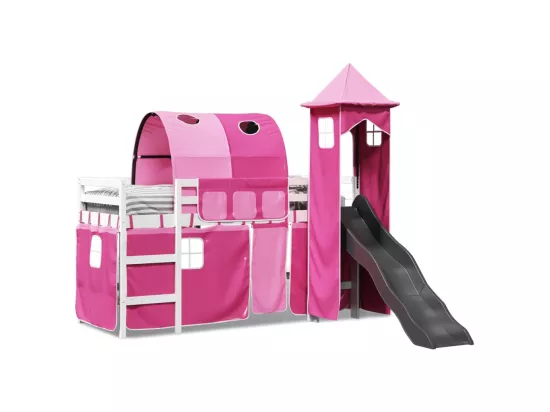 Lit mezzanine enfants avec tour rose 90x200 cm bois pin massif