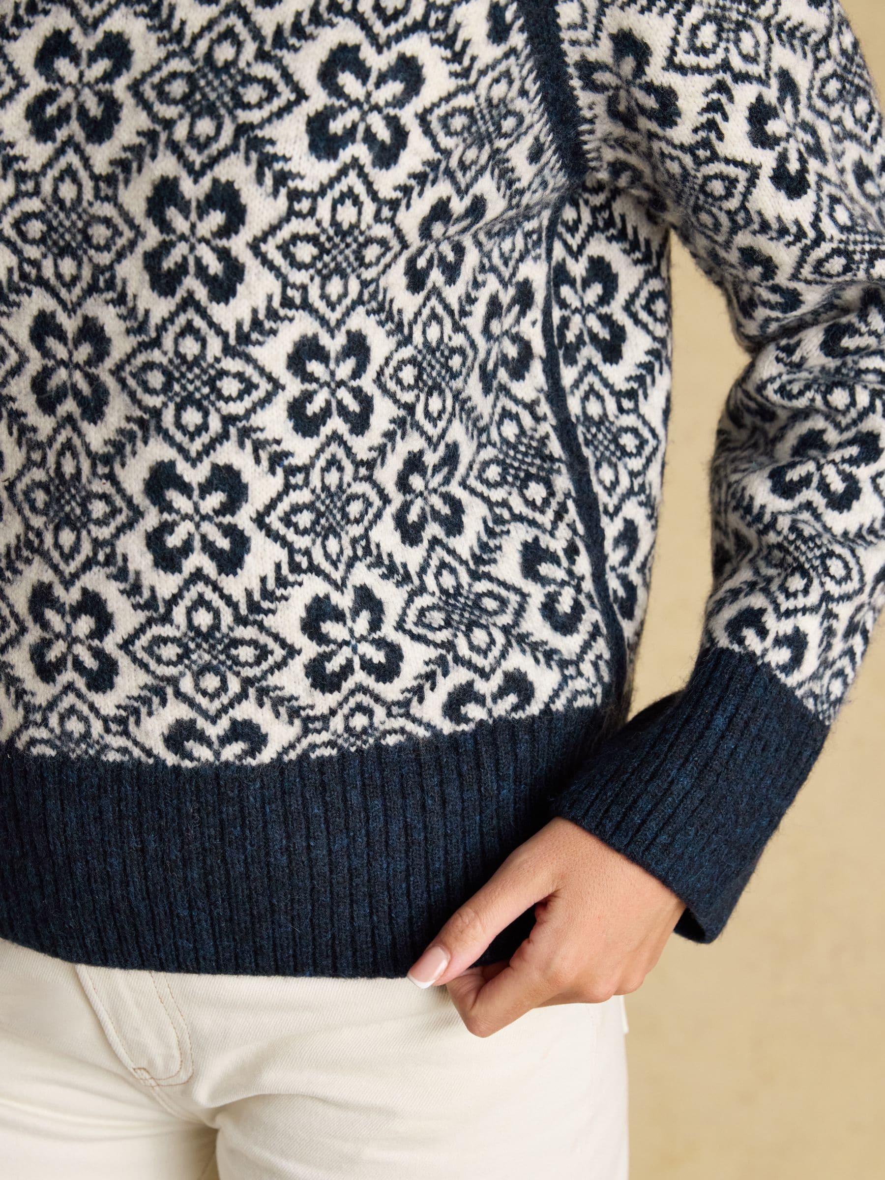 Marineblauw en crème - Joules Addison Patterned Knitted Jumper with Detachable Roll Neck