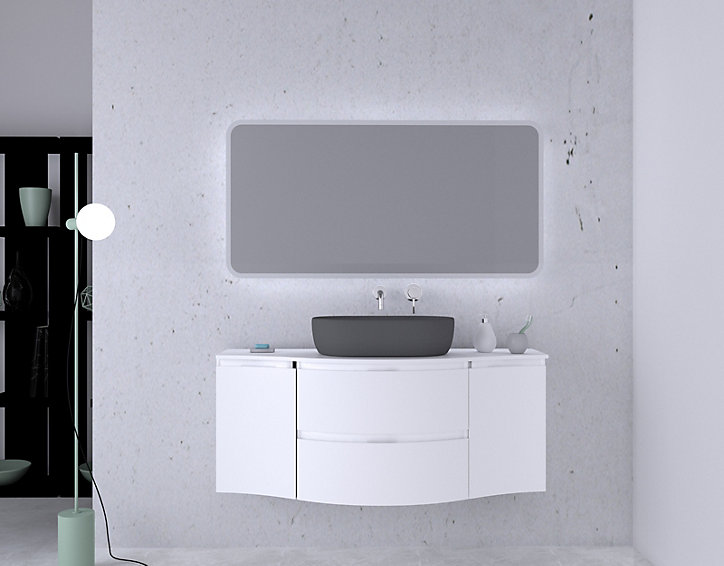 Ensemble Vague L.138 cm meuble sous vasque à suspendre blanc mat + plan de toilette blanc mat central