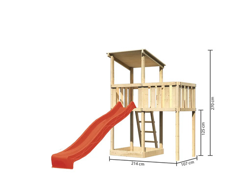Speeltoren/speelhuis Karibu Anna, 107 x 107 cm, van hout, bestaande uit een glijbaan en een rode aanbouw.