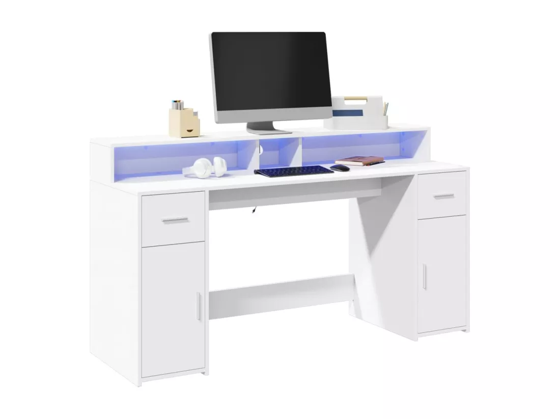 Bureau avec lumières LED blanc 160x55x91 cm bois d'ingénierie