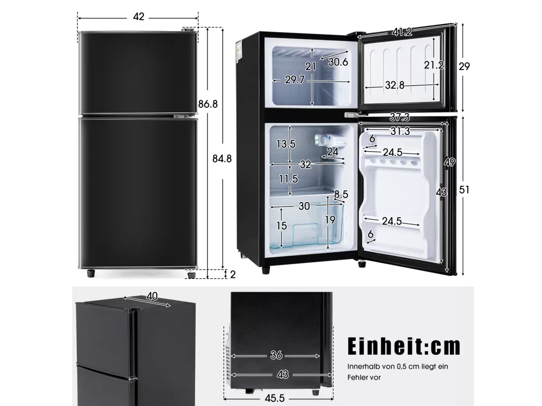 Mini Réfrigérateur - 22L congélateur + 38L réfrigérateur - 42x45.5x86.8cm - 172 kWh/an, lumière LED - Classe F - Noir