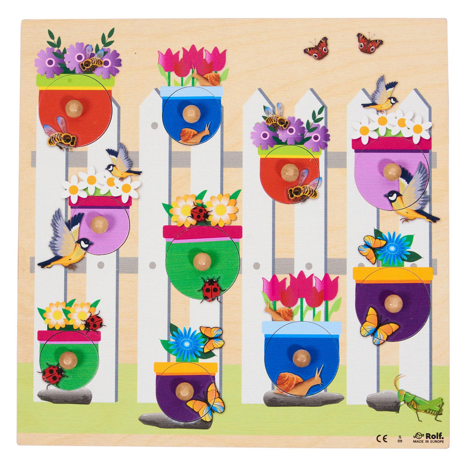 Rolf - Houten Noppenpuzzel Bloemen, 10st.