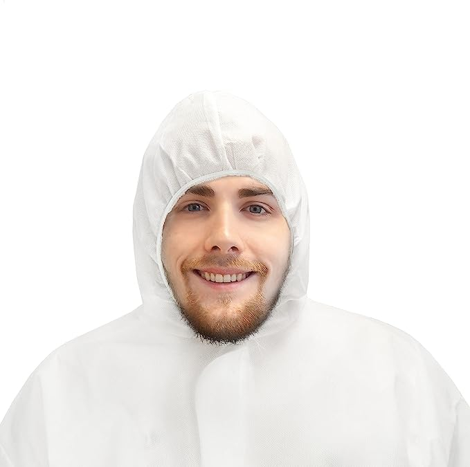 (OneSize) Einweg Overall Schutzanzug Maleranzug Schutzkleidung mit Kapuze   Reissverschluss - Weiss