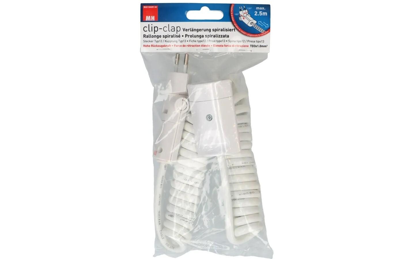 Verlängerungskabel 2.5 m T13 - T12 ClipClap, WeissSpiralverlängerungskabel mit Clip-Clap Stecker