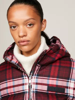 Jaqueta puffer New York com estampa xadrez tartan reciclada