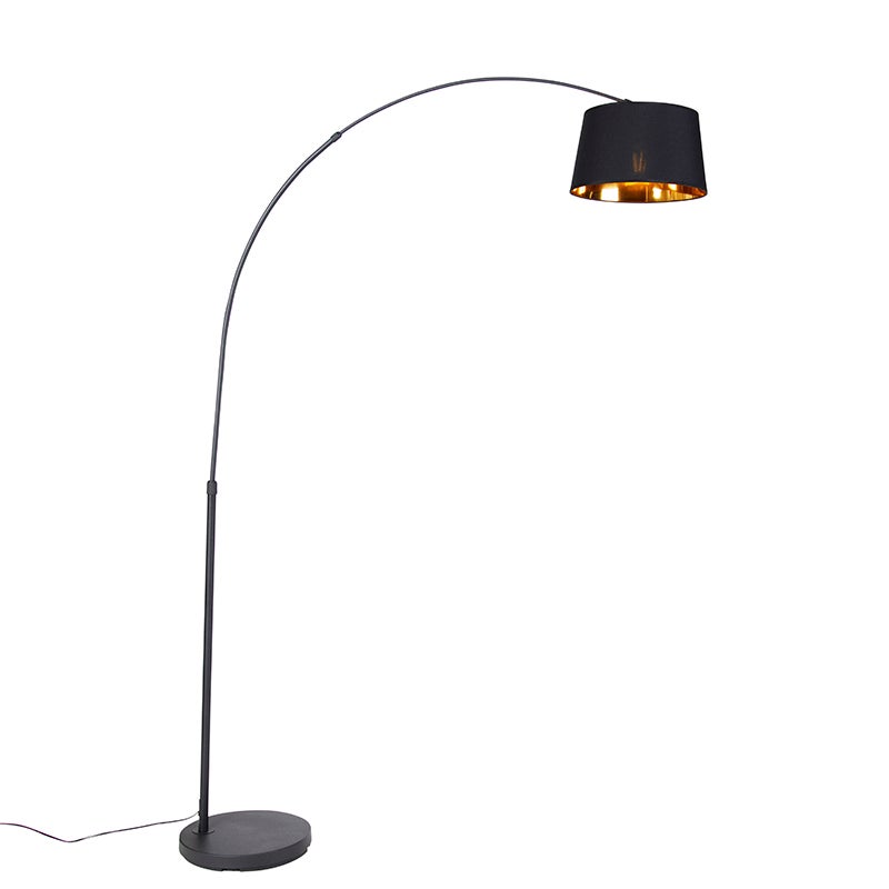 QAZQA - Moderne booglamp, zwart met gouden en messing accenten - Arc Basic, woonkamer en slaapkamer - staal, langwerpig - geschikt voor LED's, E27 fitting