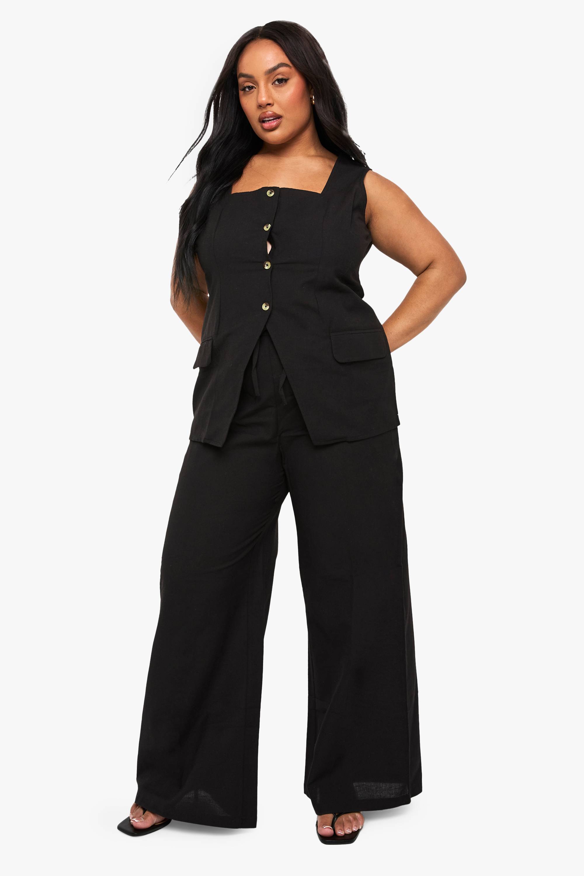 boohoo Ensemble coordonné effet lin : gilet à col carré et pantalon large sur mesure