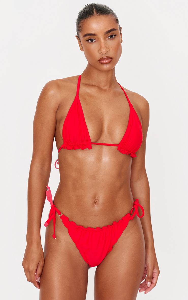 Rouge Haut De Bikini Rembourré À Volants