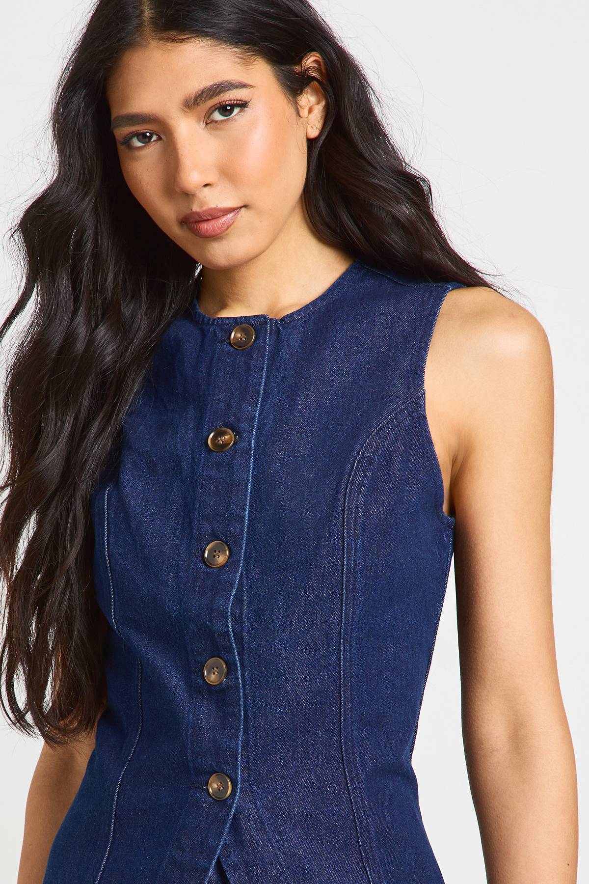 boohoo Gilet En Jean Long À Boutons