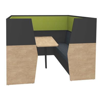Box acoustique IN'TEAM - L210 x H 150 x P170 cm - 6 places avec table - structure chêne clair et carbone - panneaux vert chartreux