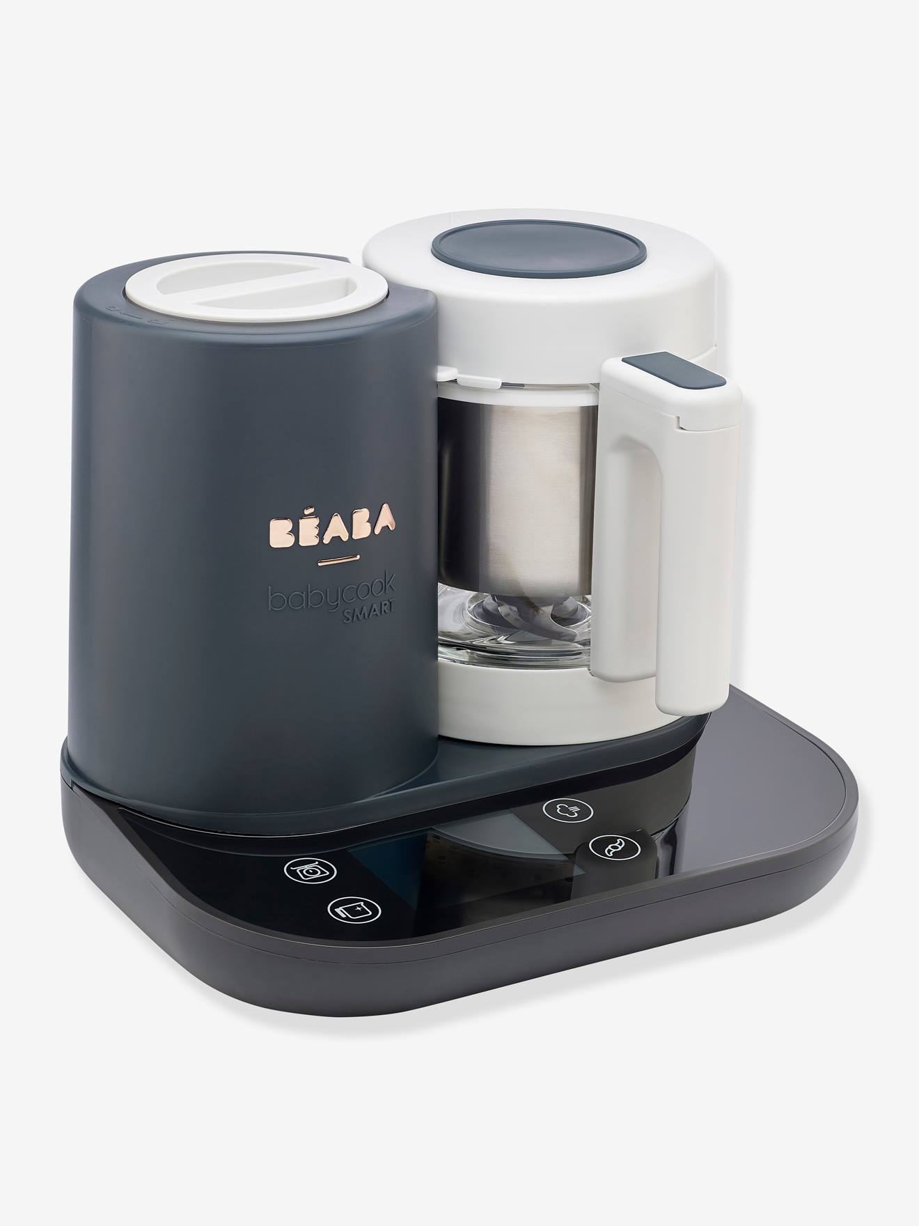 Processador de alimentos online BEABA Babycook Smart, cinza claro liso com padrões.