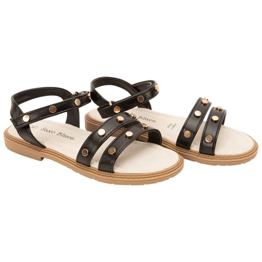 Sandales velcro effet cuir à rivets dorés pour fille - Noir