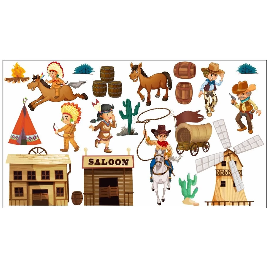Nikima Wandtattoo 052 Wandtattoo Wilder Westen Cowboy Indianer Kaktus Saloon bunt